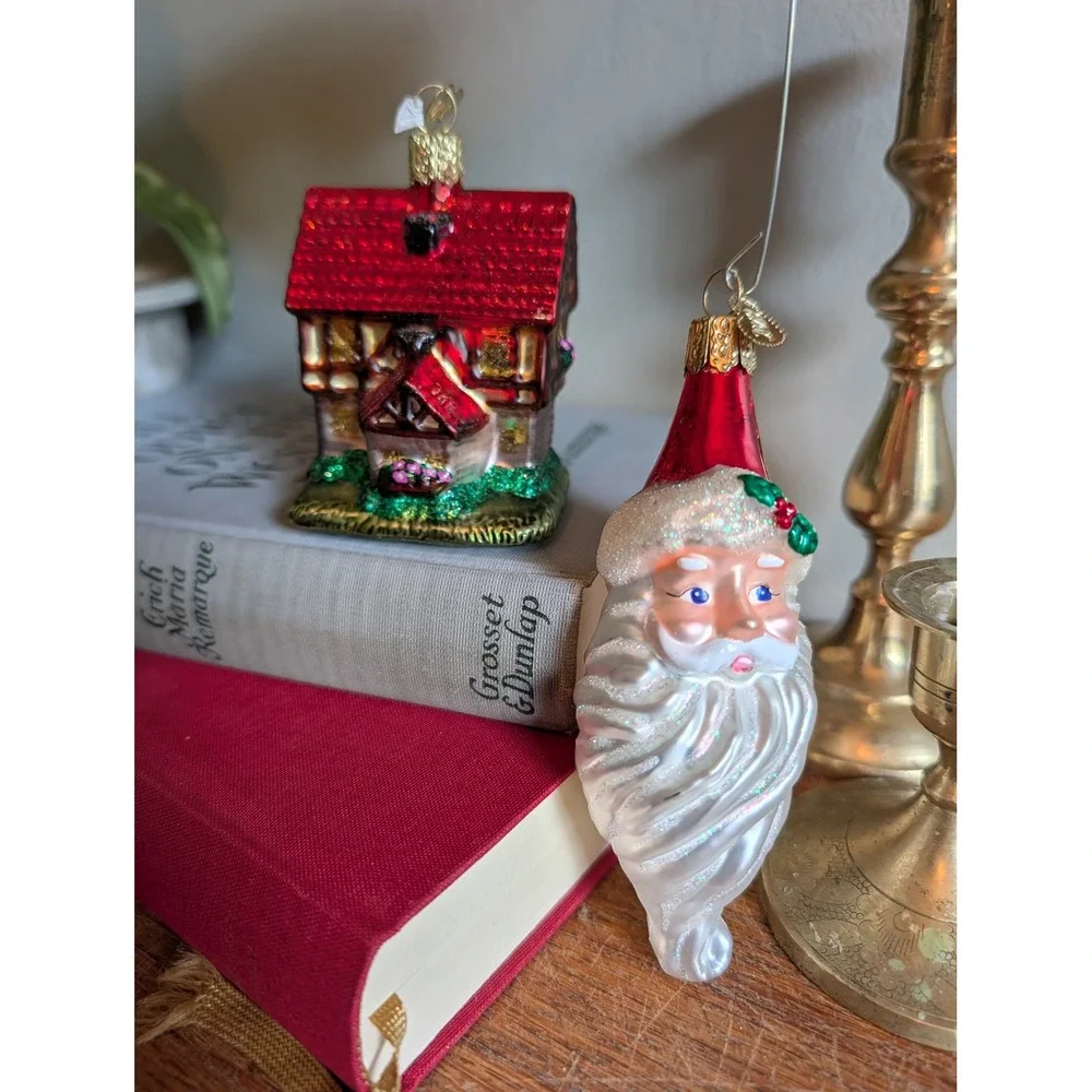 Old World Christmas Glass Ornaments Santa Claus and Tudor Cottage Set of 2
